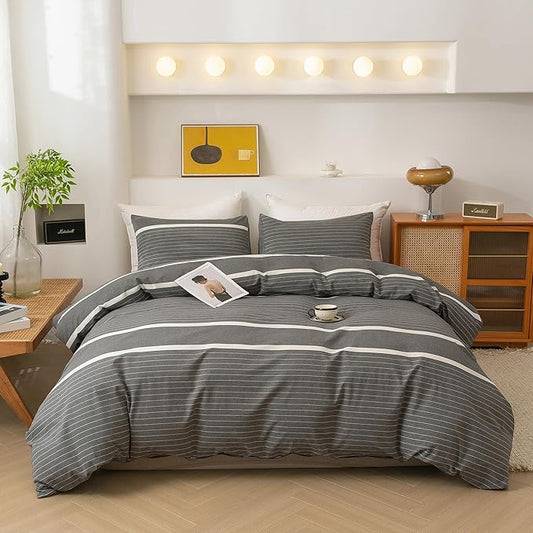 ECOCOTT 3 Pieces Duvet Cover Set King 100% Washed Cotton 1 Duvet Cover with Zipper and 2 Pillowcases, Ultra Soft and Easy Care Breathable Cozy Simple Style Bedding Set(Grey Stripes)