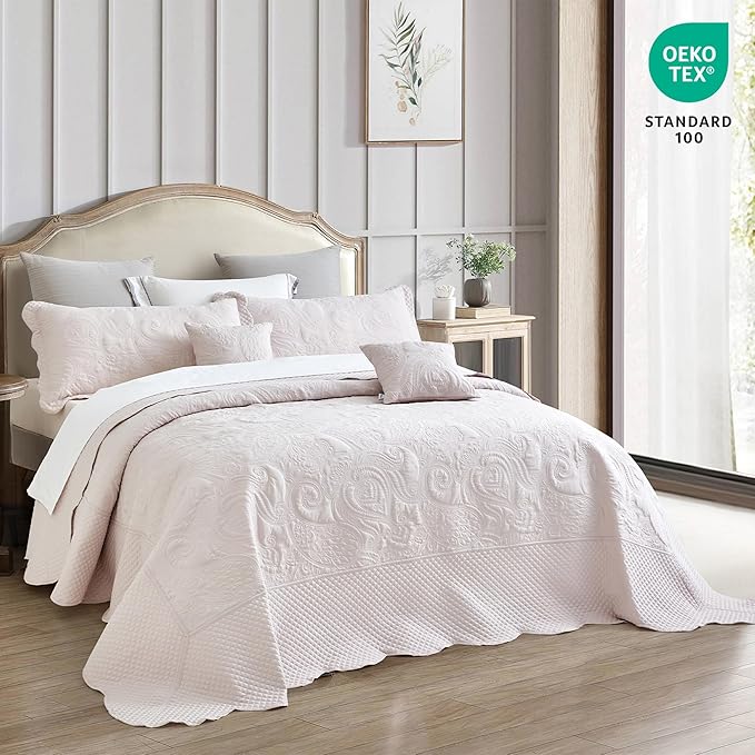 Oversized King Bedspread 128x120 Extra Wide, Ultrasonic Lightweight Bedding Cover, Paisley Pattern, Reversible, 5 Piece, 100% Microfiber, Gray Lilac