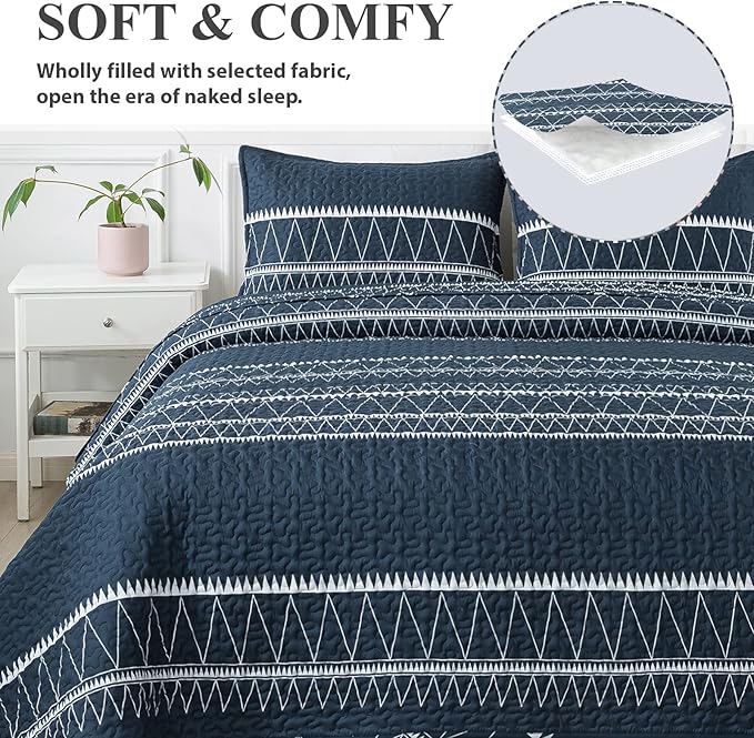 Andency Navy California King Quilt Set, 3 Pieces Boho Lightweight Soft Striped Cal King Bedspread for All Season (112"x104"), Printed Bohemian Microfiber Reversible Coverlet Comforter Sets