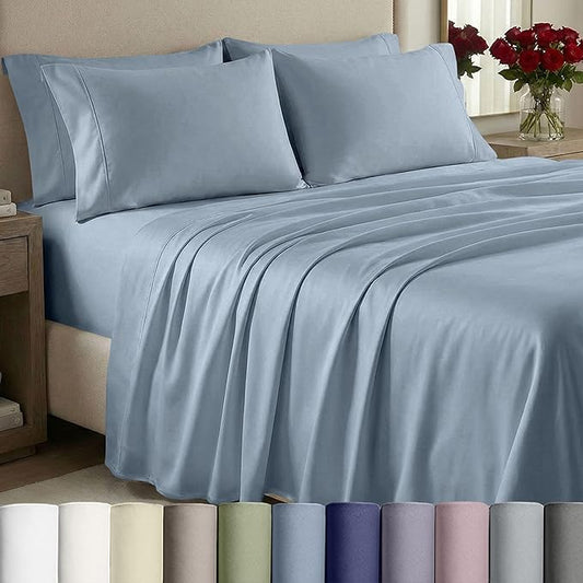 California Design Den Thick and Natural 100% Cotton Sheets for Queen Size Bed Set - 1000 Thread Count Sateen, Deep Pocket Queen Bed Sheets, Durable Bedding Set - Blue
