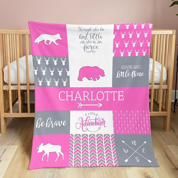 Personalized Baby Blanket for Girls, 35x45 Inches Soft Double Layer Baby Blankets with Dotted Backing, Receiving Blanket Bed Throws for Newborn, Infant, Babies, Bear, Light Pink