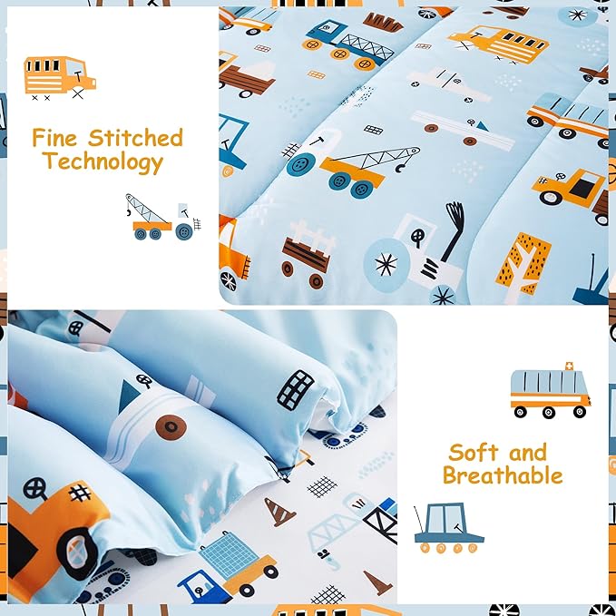 Mooreeke Kids Full Comforter Sets for Boys 8 Pieces Light Blue Bedding Set for Teens Microfiber Car Truck Kids Bed in A Bag with Comforter, Sheet Set, Shams and Decorative Toy Pillow All Season