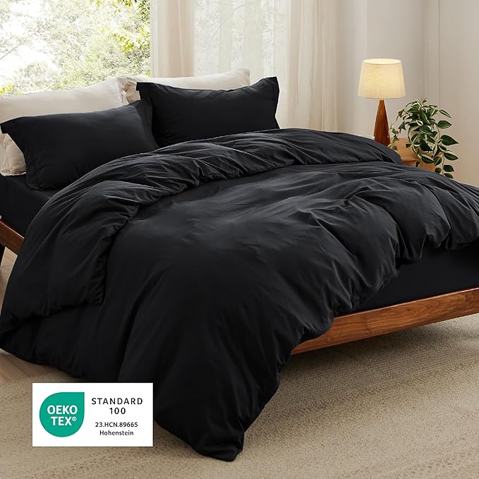 Bedsure Duvet Cover Queen Size with Fitted Sheet - 4 Pieces Prewashed Polyester Extra Soft Bedding Set, Includes 1 Duvet Cover 90x90 Inches with Zipper Closure, 2 Pillow Shams, 1 Fitted Sheet, Black