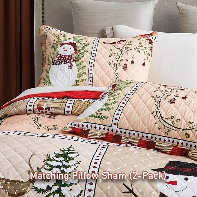 HZ & HY Christmas Oversized Bedspread King Size, Winter Snowman Pattern Bedding Quilt, Rustic Lodge Plaid Patchwork Comforter Set, Lightweight & Soft Microfiber, 3 Piece, King/Cal King
