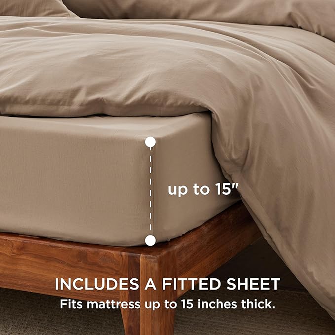 Bedsure Duvet Cover King Size with Fitted Sheet - 4 Pieces Prewashed Cotton-Like Polyester Extra Soft Bedding Set, Includes 1 Duvet Cover 104x90 Inches, 2 Pillow Shams, 1 Fitted Sheet, Deep Beige