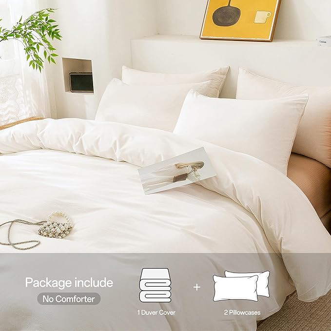 ECOCOTT White Duvet Cover King Size, 100% Washed Cotton 1 Duvet Cover with Zipper and 2 Pillowcases, Ultra Soft and Easy Care Breathable Bedding Set (White, King)