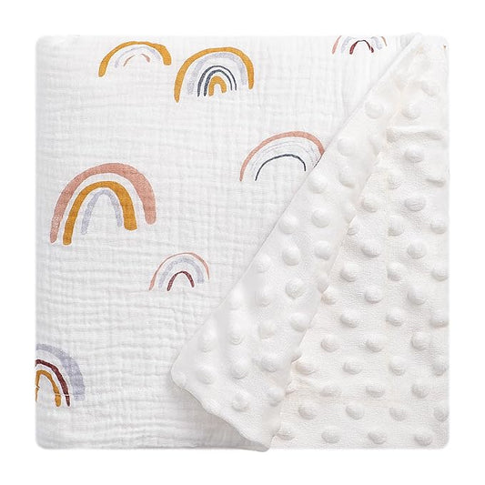 Cotton Muslin Front Fluffy-Backed Baby Swaddle Blankets Double Layer Nursery Plush Dotted Fleece Back Receiving Bed Quilt Blanket for Unisex Newborn Toddler Boys Girls 30 x 41 Inches