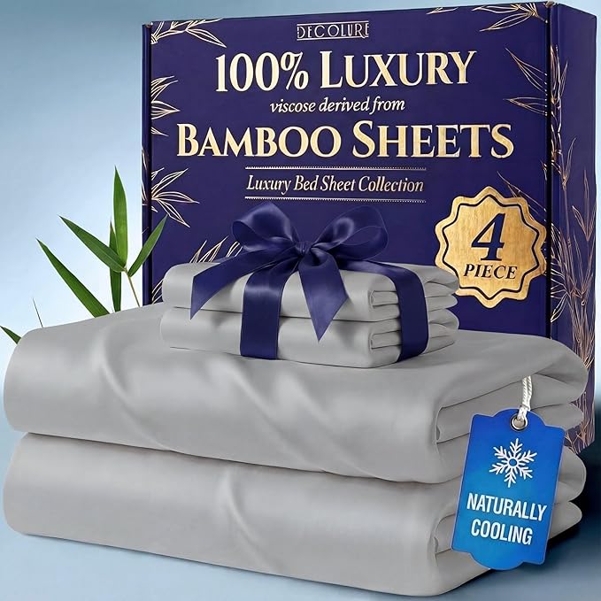 DECOLURE 100% Viscose Derived from Bamboo Sheets California King Size - Luxury 4 Pc Naturally Cooling Sheets, Ultra Soft Bed Set - Deep 17" Pockets, Double Stitching, Oeko Tex Standard (Light Grey)