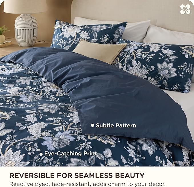 Bedsure 100% Cotton Reversible Duvet Cover Queen Size - Vintage Navy Floral Pattern Printed Comforter Cover with Zipper Closure & 2 Pillow Shams, Comforter Not Included (Vintage Navy Floral, 90"x90")