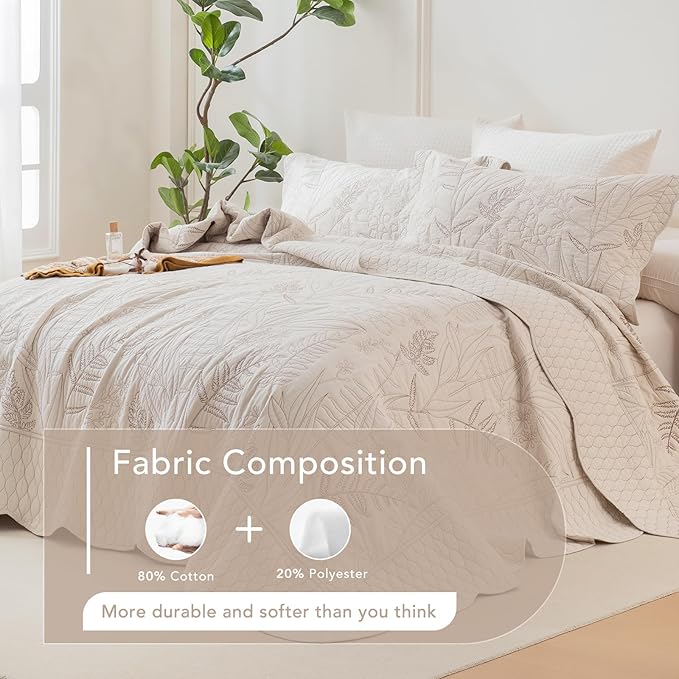 Lady Ann Oversized King Quilt Set 128x120, 3Pcs Botanical Leaves Print Bedspread Sets, Soft Lightweight Extra Large Wheat Coverlet, All-Season Bedding Comforter