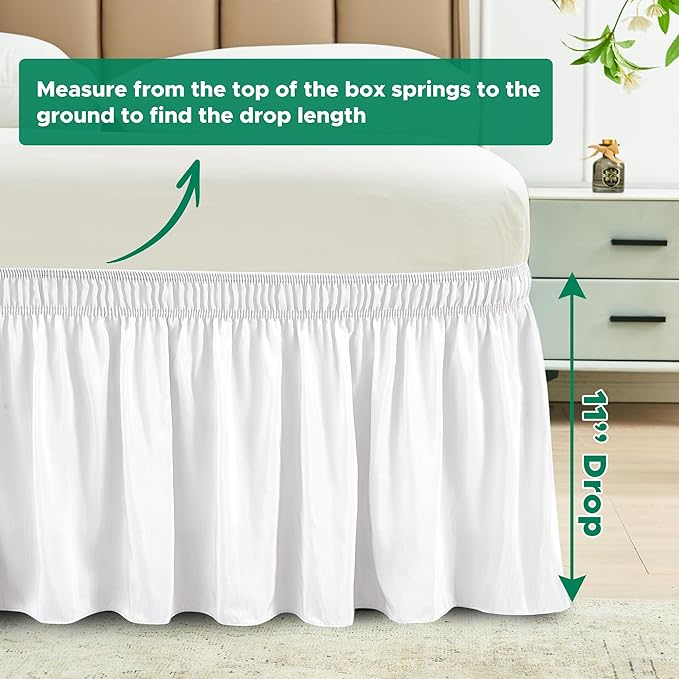 Biscaynebay Wrap Around Bed Skirts for Full & Full XL Beds 11" Short Drop, White Adjustable Elastic Dust Ruffles Easy Fit Wrinkle Resistant Silky Luxurious Fabric Machine Washable