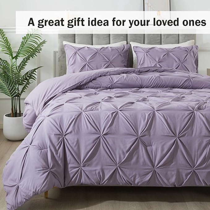 Andency Grayish Purple Pinch Pleat Comforter Full Size(79x90Inch), 3 Pieces(1 Pintuck Comforter and 2 Pillowcases) Lightweight Soft Microfiber Bedding Set for Women Men