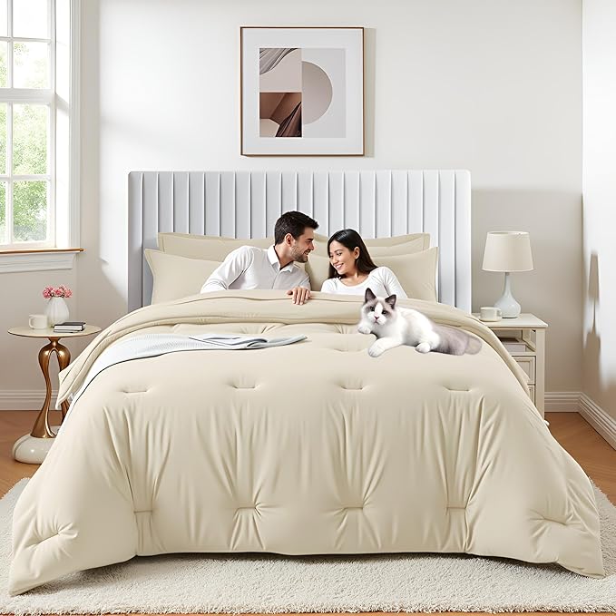 Oversized Queen Comforter Set 7 Piece - Soft Bed in a Bag Queen Size Comforter Sets, Cozy Bedding Sets with All Season Comforter, Flat Sheet, Fitted Sheet,2 Pillowcases & 2 Shams, Beige