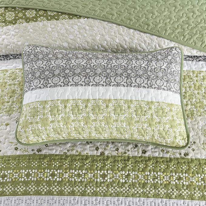 WONGS BEDDING Boho Quilt Set Full Size,Olive Green Bohemian Striped Patchwork Bedspread Coverlet Set,3 Pieces Microfiber Bedding Set for All Seasons (78"x90")