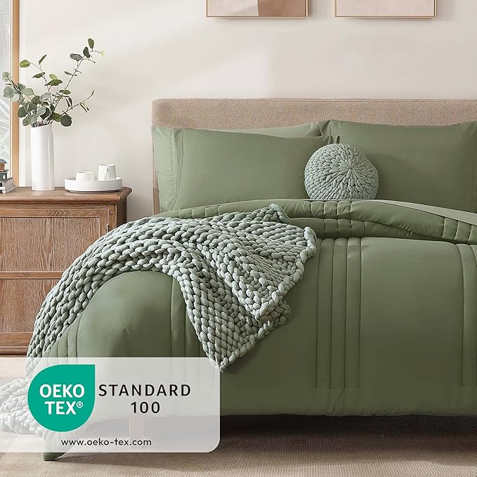 Monbix Queen Comforter Set - 7 Pieces Light Sage Green Bed in a Bag Queen Bedding Sets with Comforters, All Seasons Comforter Bed Set with Sheets, Pillowcases & Shams