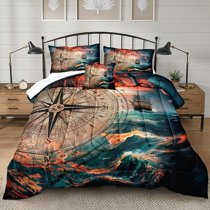 Bedbay Nautical Compass Bedding Comforter Set 4 Pcs Vintage Ocean Bedding for Boys Teen Adults Soft Cozy Lightweight Quilted Comforter for All Seasons 1 Comforter 2 Pillowcases 1 Cushion Cover