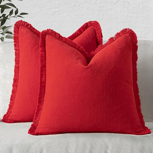 MIULEE Decorative Throw Pillow Covers Neutral Linen Fringe Throw Pillows Euro Shams Set of 2 Red Boho Farmhouse Cushion Covers with Tassels for Couch Sofa Bed Living Room Decor 24x24 Inch