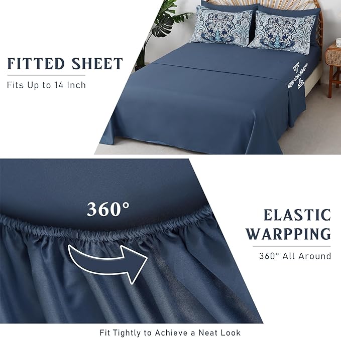 Drucon Paisley Comforter Set King Size, 7 Pieces Bed in a Bag Blue Boho Comforter, Soft Lightweight Microfiber Bedding Set (1 Comforter, 1 Flat Sheet, 1 Fitted Sheet, 2 Pillow Shams, 2 Pillowcases)