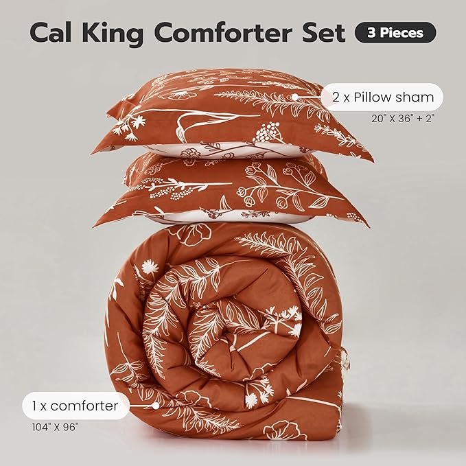 Joiedomi California King Comforter Set Terracotta, 3 Pieces Floral California King Bedding Set with 1 Soft Reversible Botanical Comforter and 2 Pillow Shams, Bed in a Bag for All Seasons