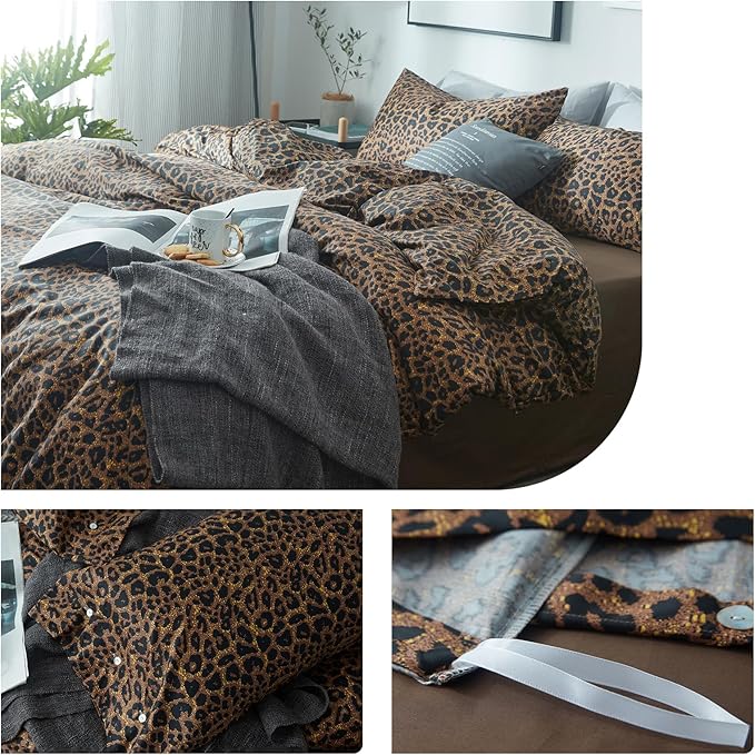 LifeTB Cotton Leopard Print Duvet Cover Queen Bedding Set Luxury Soft 100% Long Staple Cotton Duvet Cover Boho Leopard Pattern Comforter Cover 3 Pieces Modern Style Bedding Duvet Cover Set