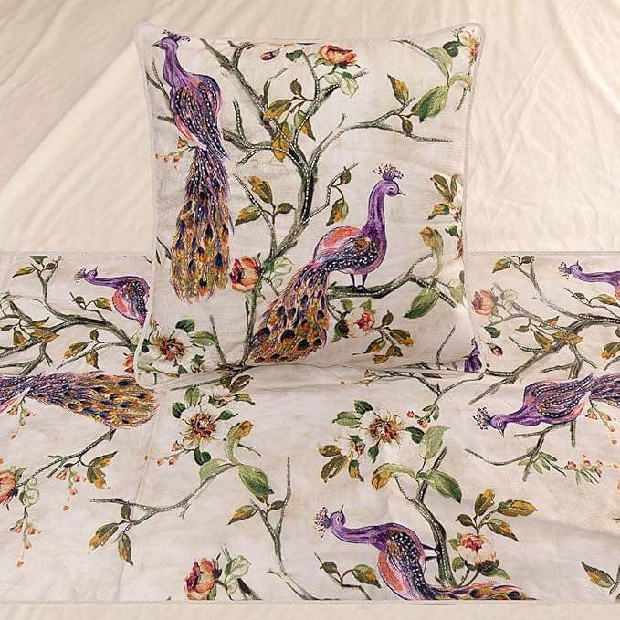The HomeCentric King Queen Twin Ivory & Multicolor Decorative King 90"x18" Bed Runner with Pillow Cover, Peacock Bed Scarf on Cotton Printed with Beads Fabric - Peacock Queen
