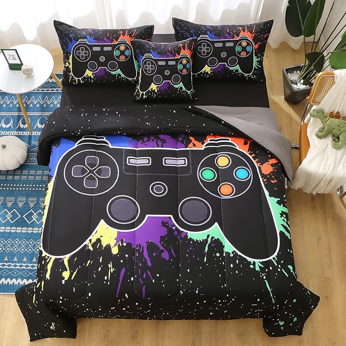 JQinHome Full Gamer Comforter Sets for Boys, 6 Piece Bed in A Bag 3D Video Game Bedding -All Season Soft Microfiber Gamer Bedding Sets, with Pillowcases, Flat Sheet, Fitted Sheet, Cushion Cover