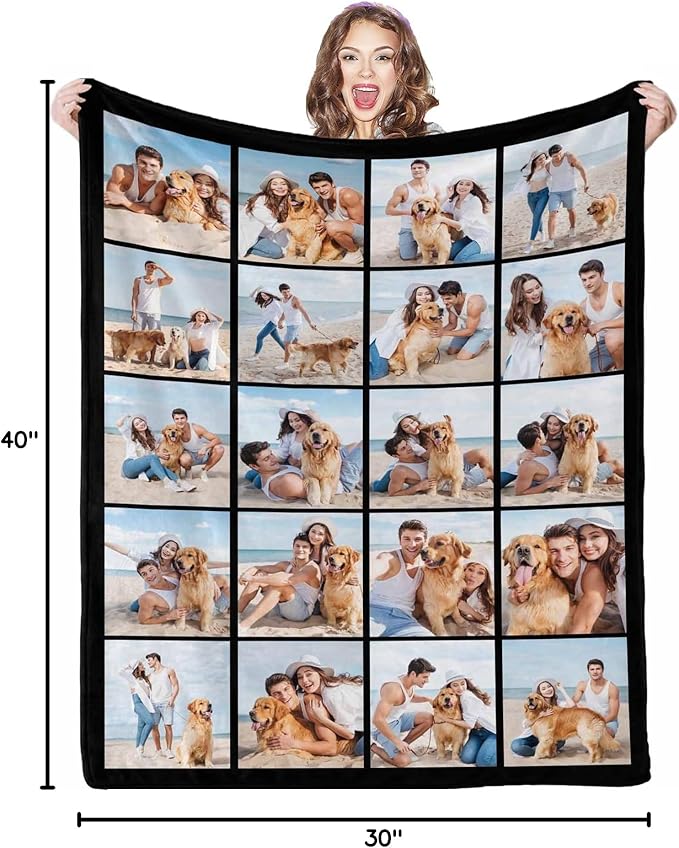 Customized Photo Blanket - 20 Picture Throw Blanket Gifts for Boyfriend, Couples, Family & Friends - 8 Sizes