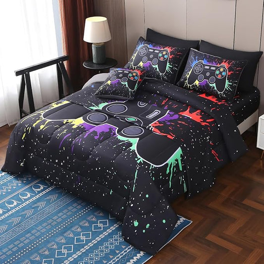 JQinHome Queen Gamer Comforter Sets for Boys,8 Piece Bed in A Bag 3D Video Game Bedding -All Season Microfiber Gamer Bedding Sets for Kids, with Pillowcase, Flat & Fitted Sheet,Cushion Cover(Black)