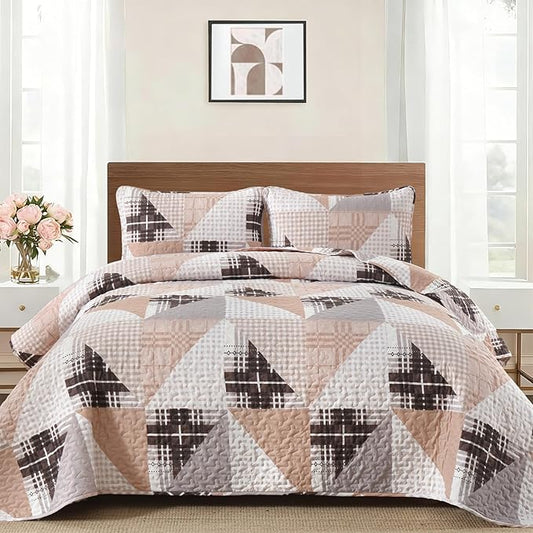 Annibedding Quilt Set King Size, Plaid Patchwork Bedspread Geometric Reversible Bedding Sets, 3 Piece Soft Microfiber Farmhouse Bedding Quilt Set for All Season (King, 110''x90'')