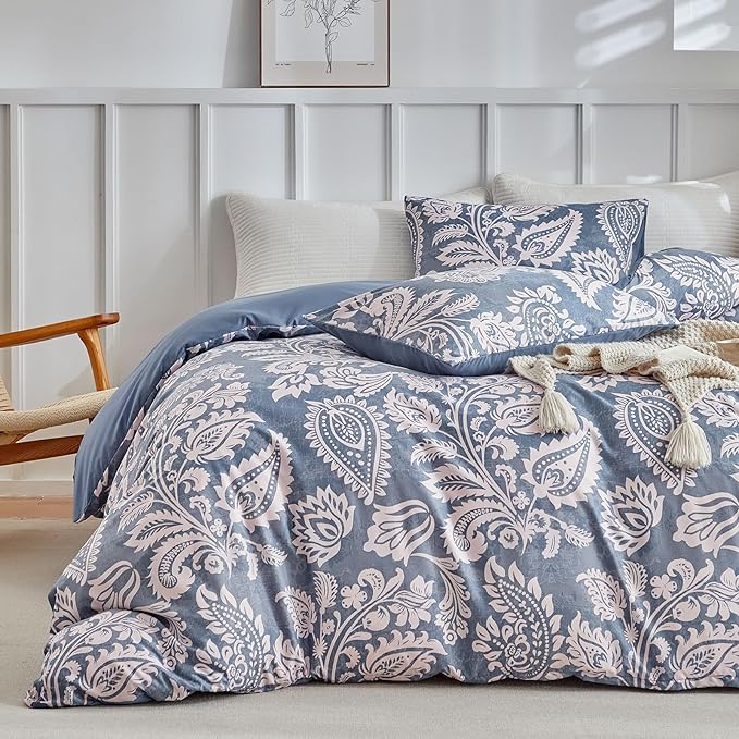 Lekesky Blue Duvet Cover Queen Size, Paisley Patterned Duvet Cover Set with Zipper, 3 Pcs Soft Microfiber Duvet Cover Floral Bedding Set (1 Queen Duvet Cover 90"x90", 2 Pillowcases 20"x26")