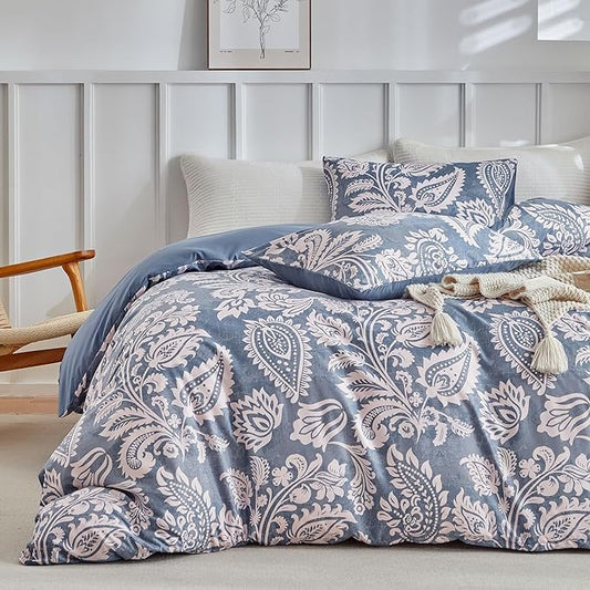 Lekesky Blue Duvet Cover Queen Size, Paisley Patterned Duvet Cover Set with Zipper, 3 Pcs Soft Microfiber Duvet Cover Floral Bedding Set (1 Queen Duvet Cover 90"x90", 2 Pillowcases 20"x26")