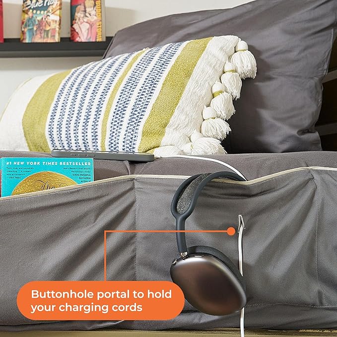 NEST and NOOKS Twin XL Fitted Sheet with Full-Length Storage Pocket | 400 Thread Count | College Dorm Bedding with Side Organizer Panel & Matching Pillowcase | Fits 39" x 80"x13" Mattress | Beige Gray