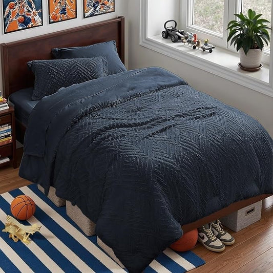 Zzlpp Twin Comforter Set 5 Pieces, Navy Blue Tufted Bed in a Bag with Comforter and Sheets, All Season Boho Bedding Sets with 1 Comforter, 1 Pillow Sham, 1 Pillowcase, 1 Flat Sheet, 1 Fitted Sheet