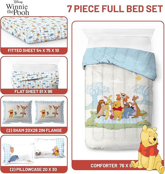Jay Franco Kids Comforter Set Includes Sheets and Pillow Covers - Soft and Cozy Bed Set for Stylish Room Decor, Official Licensed Bedding, White - Winnie The Pooh, 7 Piece Full
