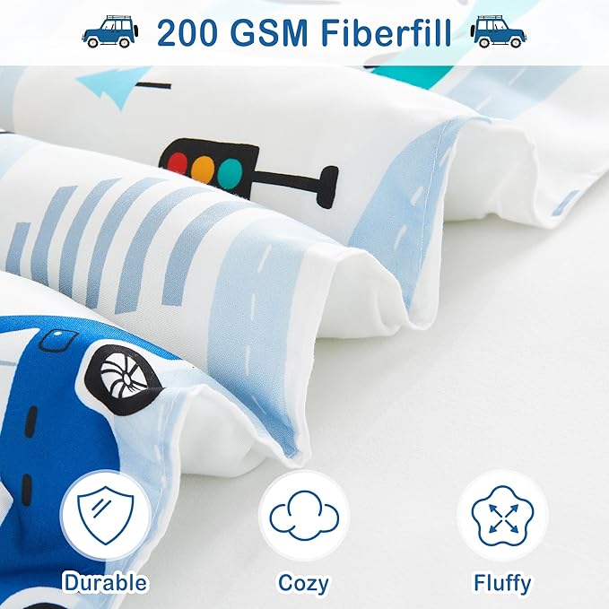 Mooreeke Bed in a Bag for Kids Boys Teens, 6 Pieces Twin Size Comforter Bed Set with Shams, Sheet Set and Decorative Toy Pillow, Cars White Super Soft Microfiber Kids Comforter Bedding Set
