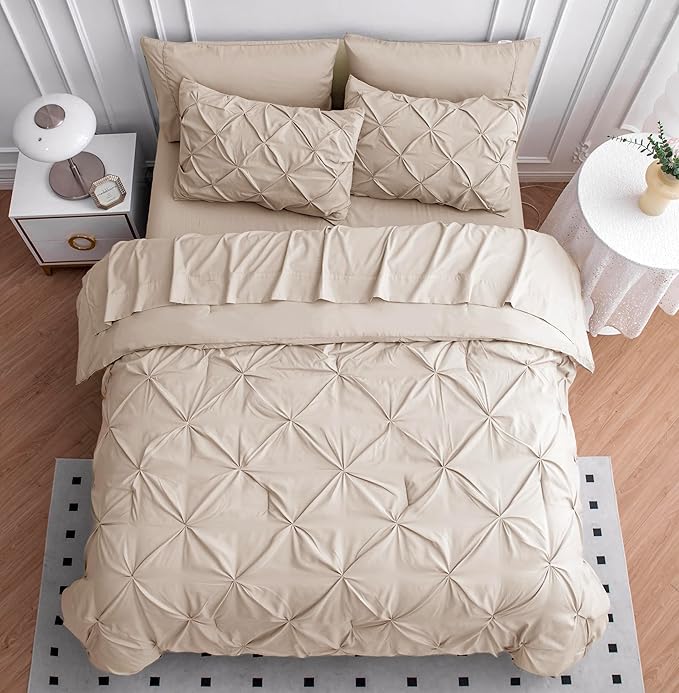 LANE LINEN King Size Comforter Set - 7 Piece Premium Microfiber All-Season King Size Bedding Sets - Include Comforter, Sheets, Pillowcases & Shams - Super Soft, Fade Resistant & Fluffy Bed Set - Beige | Full coverage, Year round comfort, Breathable fee...