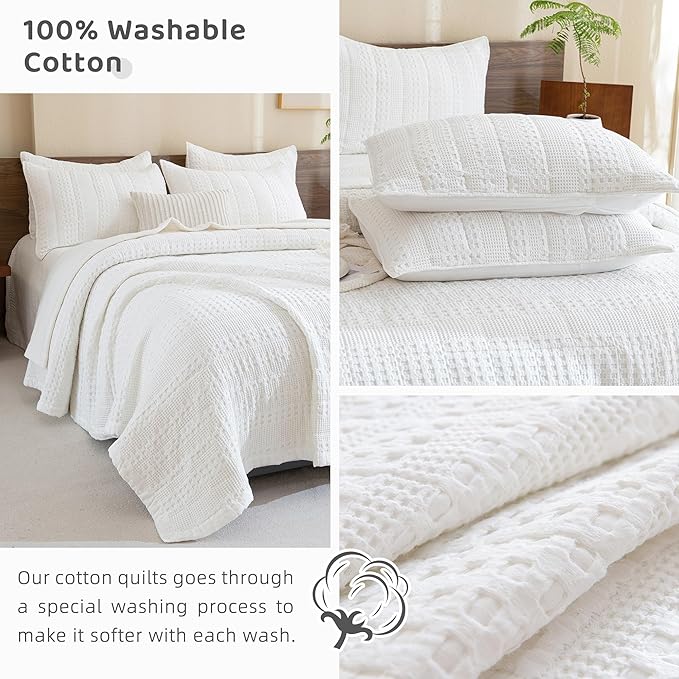 Sanracie Cotton Oversized King Bedspread(128"x120"),White Waffle Quilt Set 3Pcs Soft Lightweight Extra Large King Quilt Bedding Set,Farmhouse Coverlet Quilt Set Shabby Vintage Chic Bedding Set