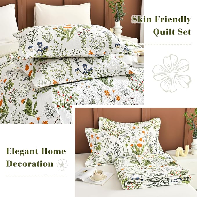 QSH 100% Cotton Floral Quilt Queen Set (90"x98") Yellow Flowers Leaves Plants Pattern Botanical Printed Bedspread Bedding, 3Pcs Soft Lightweight Quilt Coverlet Queen for All Seasons
