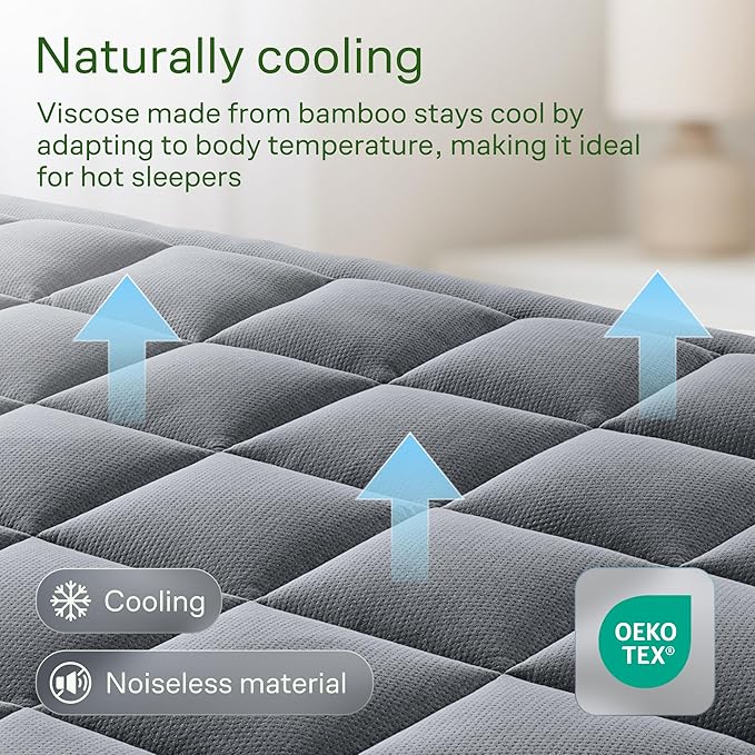 Ultra Soft California King Size Mattress Topper - Viscose Made from Bamboo Pillow Top Mattress Pad for Back Pain Relief - Naturally Cooling for Hot Sleepers, Gray