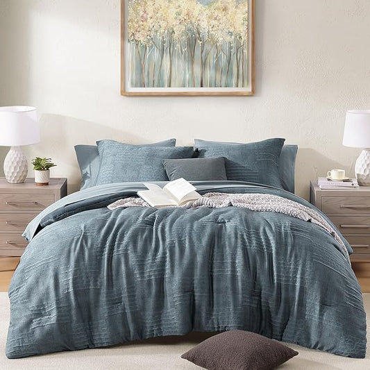 MaiRêve Queen Comforter Set Dusty Blue, Textured Design Crinkle Bedding Sets 7 Pieces, All Season Bed in A Bag with Comforter, Sheets, Pillowcases & Shams