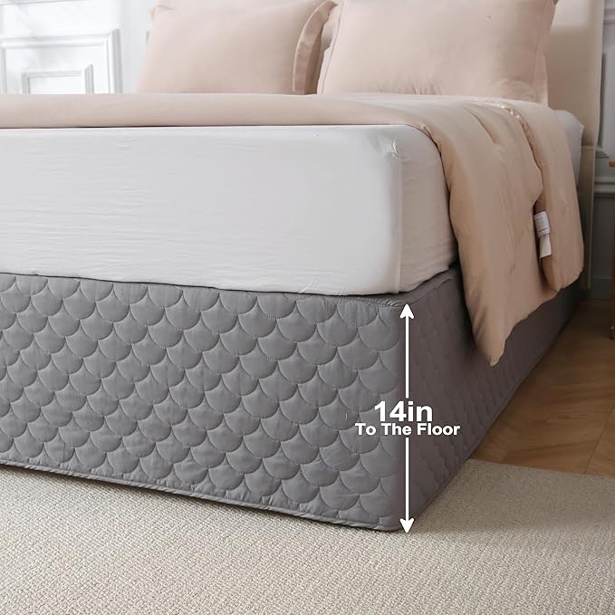 Full Size Gray Bed Skirt with 14-Inch Drop, Easy Fit Wrap-Around Cover for Bed, Wrinkle-Free and Fade-Resistant Box Spring Cover. (Gray Seashells, Full)