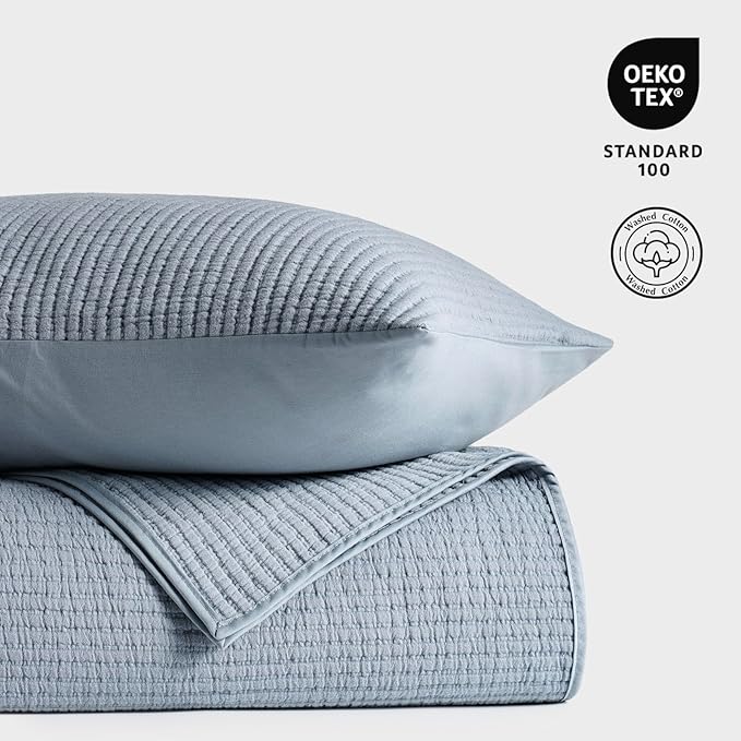 EVERGRACEHOME Cotton Coverlet Set Full Queen Size 3 Pieces, Lightweight Soft Ribbed Matelassé Bedspread Quilt Set, Cozy Oversized Quilted Bedding Set with 2 Pillow Shams for All Seasons, Blue Linen