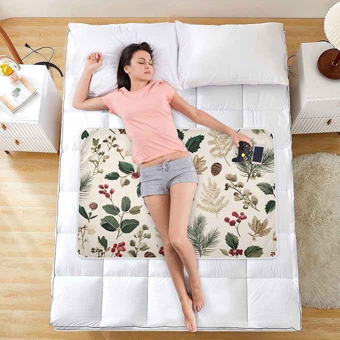 Waterproof Bed Pad Reusable Changing Pad Toddler Mattress Protector Large Pee Pad Baby Diaper Pad Soft Washable Liner Beige Holly Leaves Pine Needles Pinecones