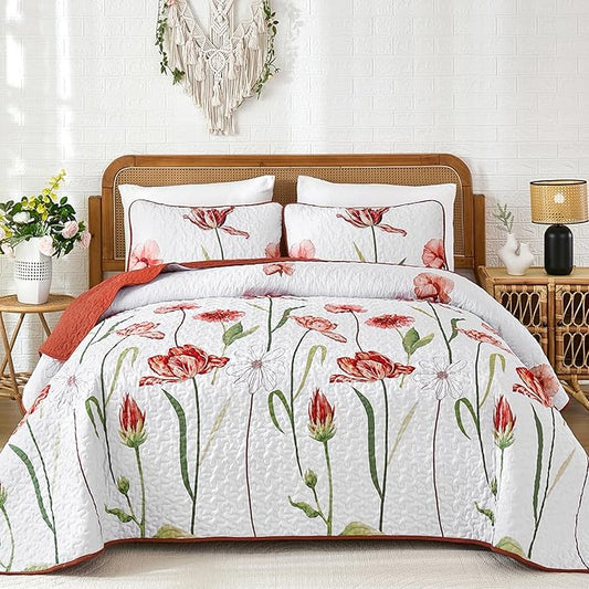 WONGS BEDDING Red Quilt Set King Size, Cute Red Floral Botanical Bedspread Bedding Set with 2 Pillowcase, Lightweight Farmhouse Coverlet Set for All Season (104"x90")