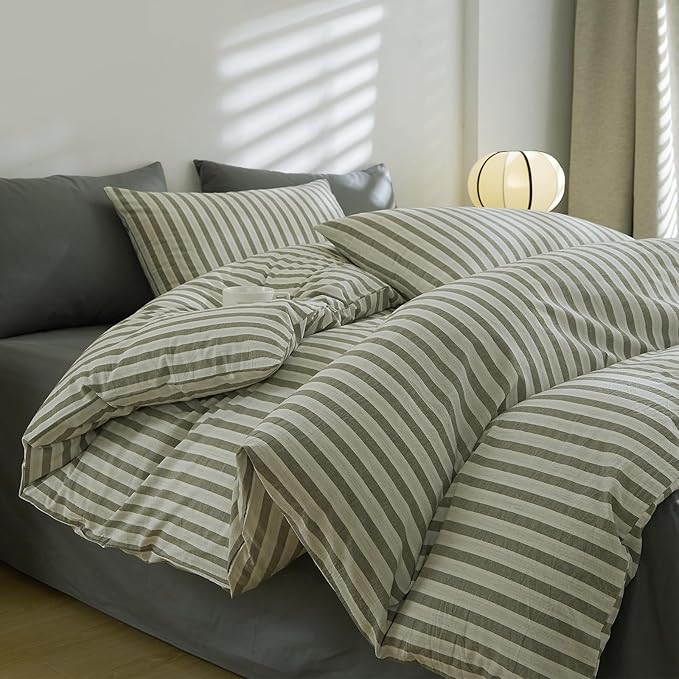 Striped Duvet Cover Set Twin XL, 100% Washed Cotton Striped Bedding Set, 3 Pieces White Grey Stripes Pattern Printed Comforter Cover, Durable Soft Breathable Duvet Cover with Zipper Closure & 4 Ties