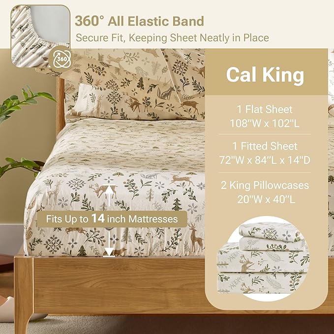 Sleep Philosophy True North 100% Cotton Flannel Sheets Cal King Size, Cozy Flannel Sheet Set Brushed for Extra Softness, Heavyweight Novelty Print Warm Flannel Bedding Set, Tan Woodland Winter 4 Piece