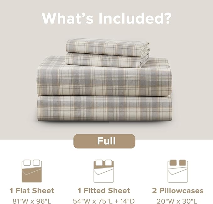 Comfort Spaces 100% Cotton Sheets Full, Breathable, Naturally Cool Cotton Sheets, Soft Cotton Bed Sheets with 14" Elastic Pocket Fits up to 16" Mattress, All Seasons Sheet Set, Wesley Taupe 4 Piece