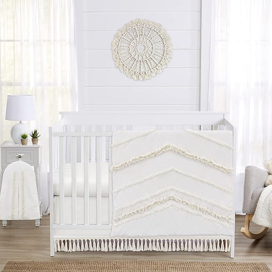 Sweet Jojo Designs 4-Piece Baby Crib Bedding Set (100% Cotton Ivory Boho) for Boys or Girls, Infants/Nursery incl. Blanket, Fitted Sheet, Skirt, Diaper Stacker (Neutral Bohemian, Farmhouse Minimalist)