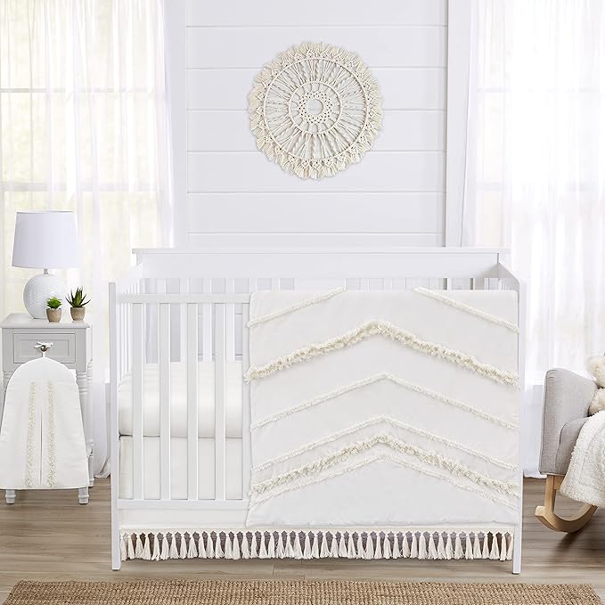 Sweet Jojo Designs Ivory Boho Chic Boy Girl Baby Crib Bedding Set Infant Nursery Room Solid Color Beige Cream Gender Neutral Bohemian Modern Farmhouse Designer Unisex Tassel Fringe Macrame Cotton