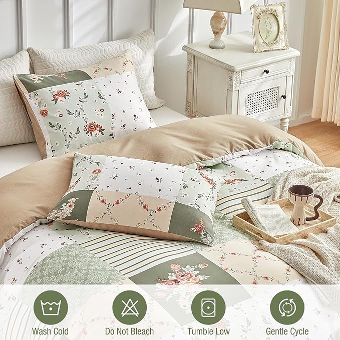 Lekesky King Size Duvet Cover Set, Patchwork Floral 3 Pieces Reversible Green Duvet Cover Set, Ultra-Soft Microfiber 3 Pieces Comforter Cover with Zipper and Corner Ties, Includes 2 Pillowcases